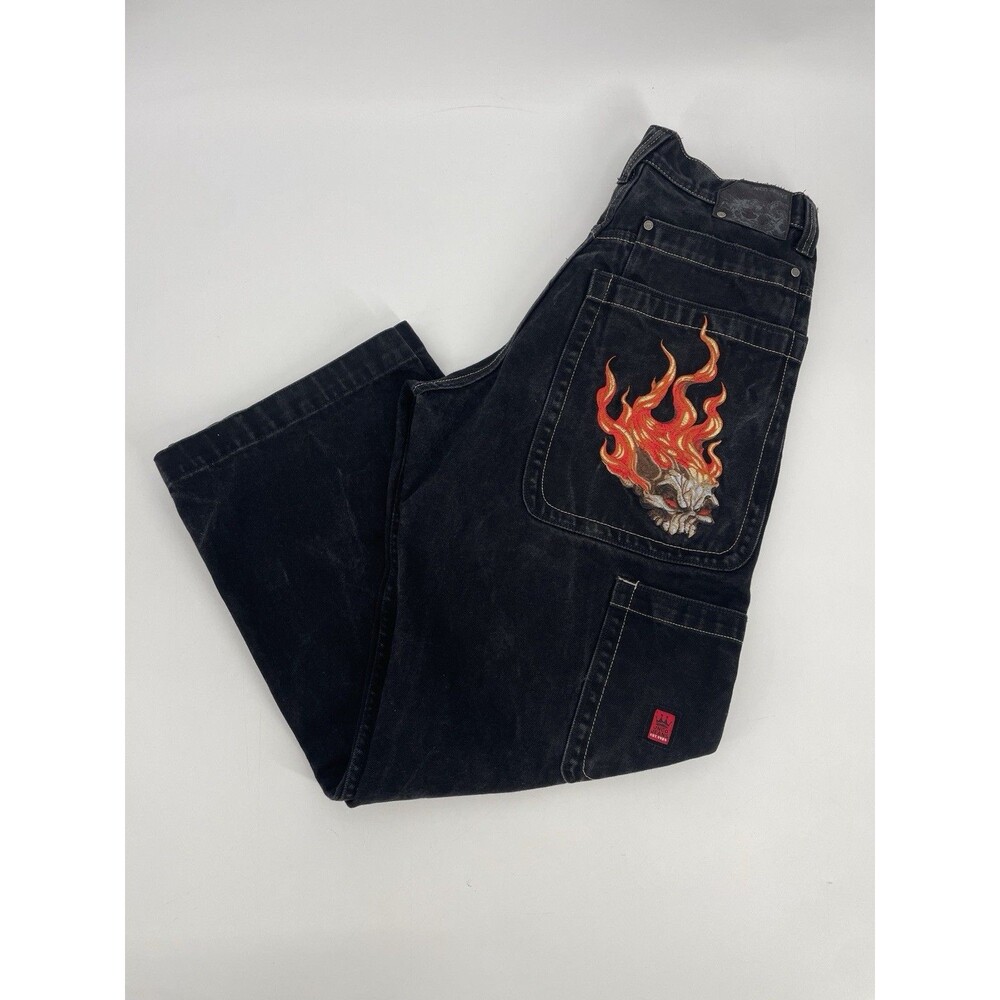 JNCO Flaming Skull Embroidered Baggy Black Wide Leg 33x32 Vtg Y2K 90s